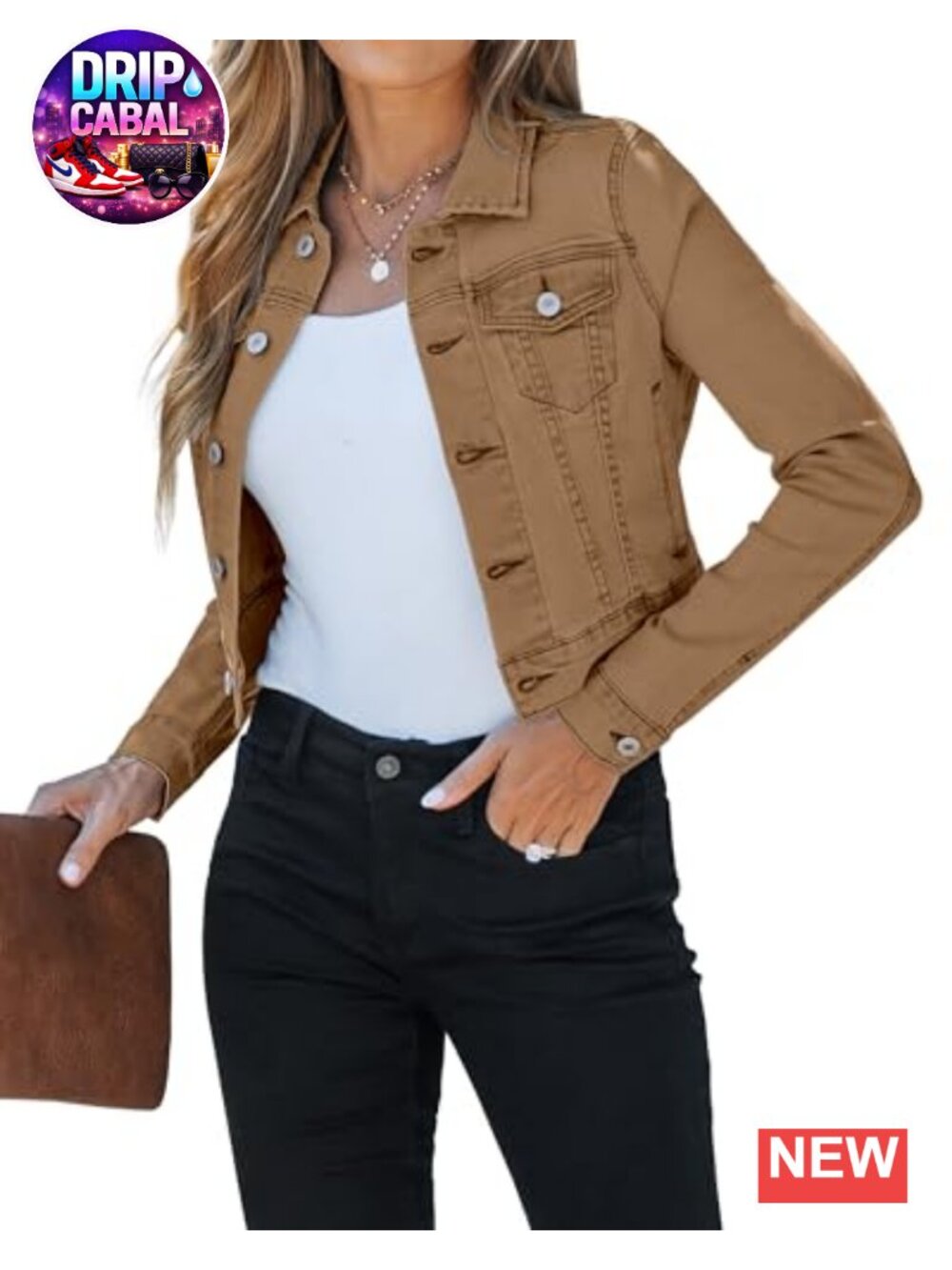 Cropped Denim Jacket Lightweight Stretchy Button Pockets Casual